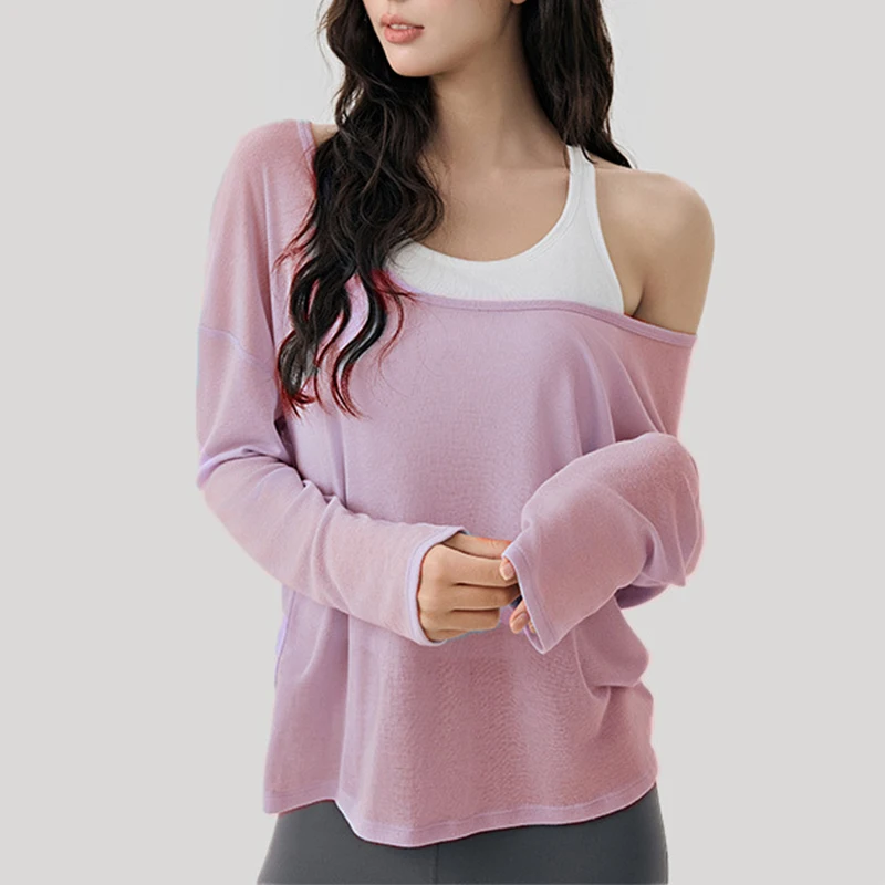 Aiithuug Women's Sheer Off The Shoulder Tops Mesh Workout Sexy Long Sleeve T Shirt Yoga Casual Long Sleeve Workout Loose Shirt