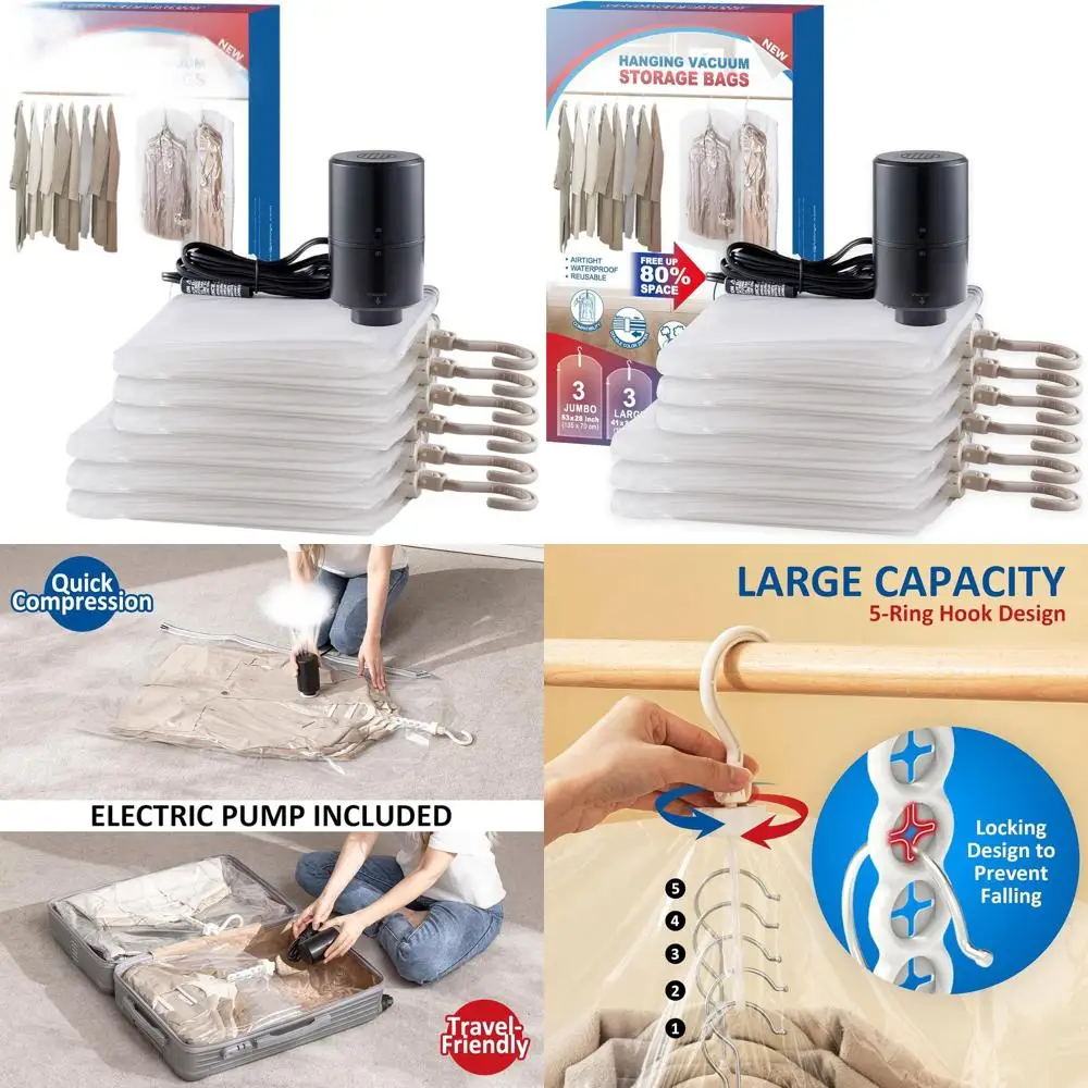 

Набор из 6 подвесных вакуумных пакетов для хранения с электрическим насосом для одежды, костюмов, платьев и курток (3 длинных, 3 шт.)