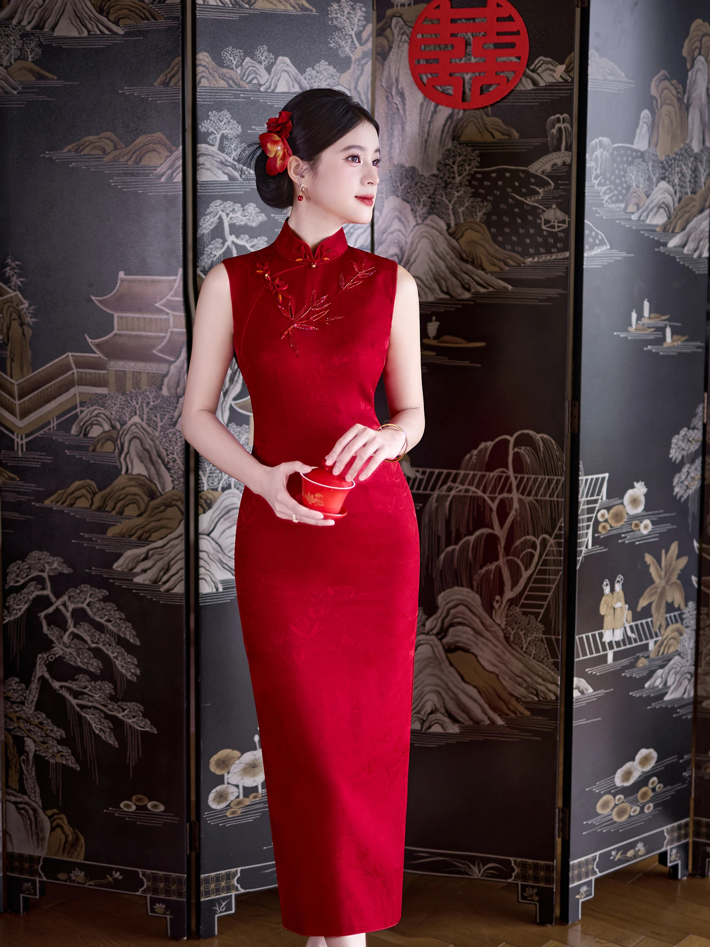 

Ele Red Silk Engagement Dr Chinese New Sle Wedding Gown Bride Formal Ceremony Robe Vintage Long Qipao