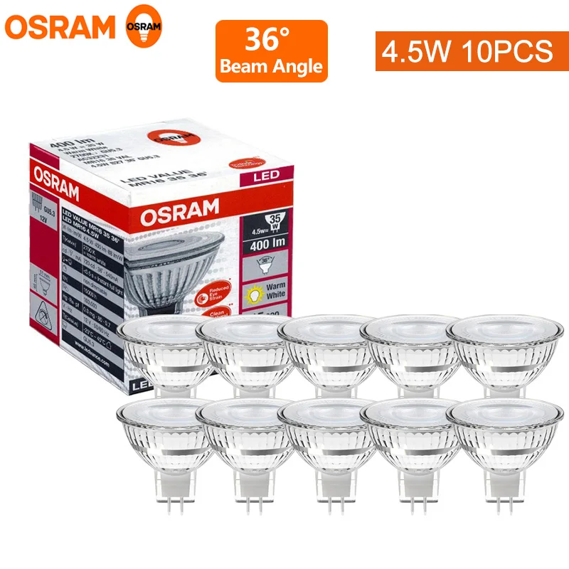 10 قطعة لأوسرام LED قيمة MR16 4.5 واط 12 فولت GU5.3 قاعدة 36 درجة 2700 كيلو دافئ أبيض الجهد المنخفض LED عاكس مصابيح ضوء غرفة المنزل