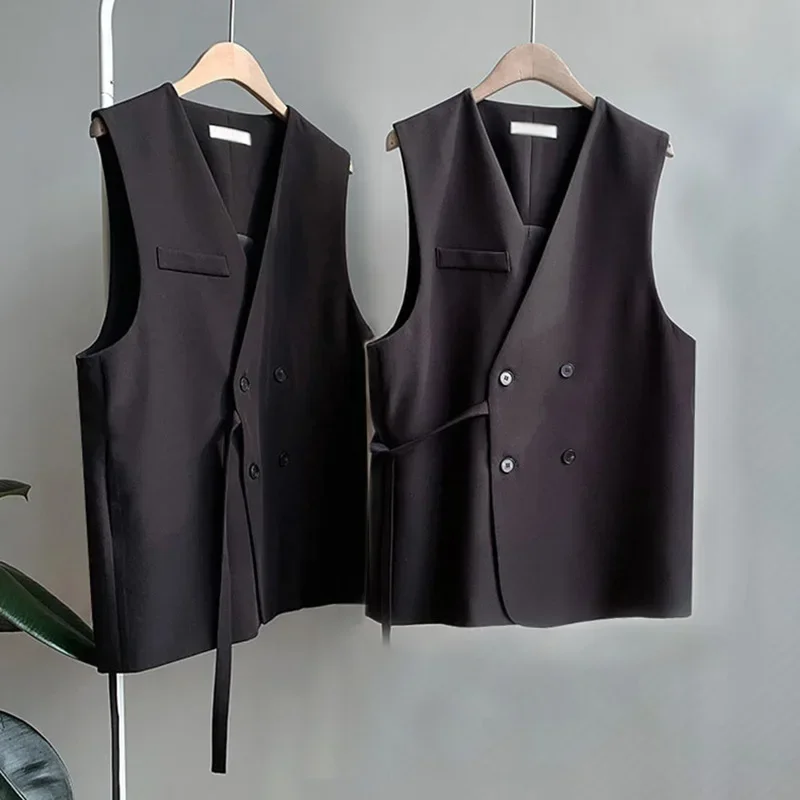 

Girls Summer Small Suit Vest Black Double Breasted Button Up Waistcoat Women Short Lace Up Sleeveless Waistcoat Loose Streetwear