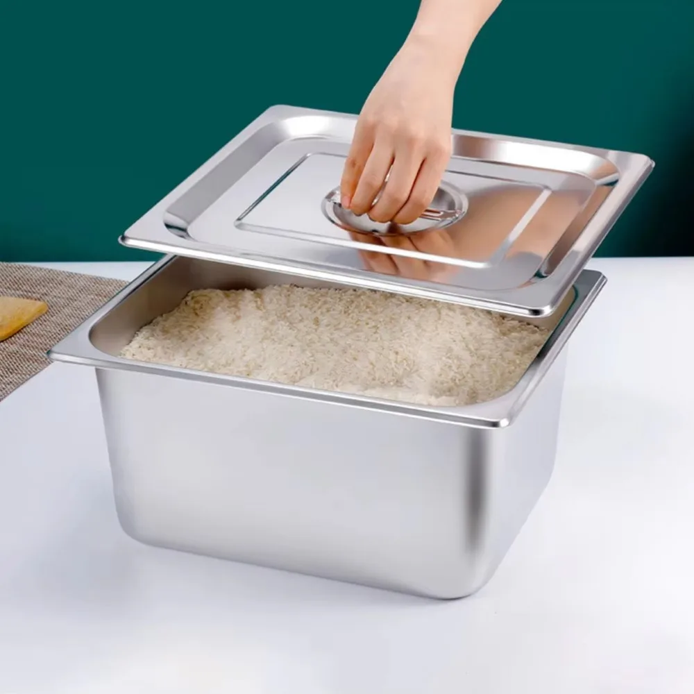 304 Stainless Steel 1/9 1/6 1/4 1/3 1/2 Food Pan Thickened with Lid Rectangular Tray Basin Easy To Clean GN Pan Chafing Buffet