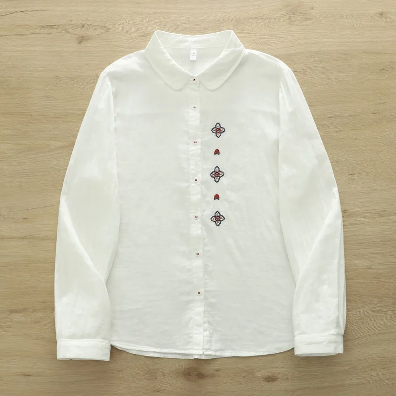New 2026 Spring Women Cotton Yarn Long Sleeve Shirt, Lapel Embroidery, Mori Girl Preppy Style Comfortable Loose Blouse T61955CC