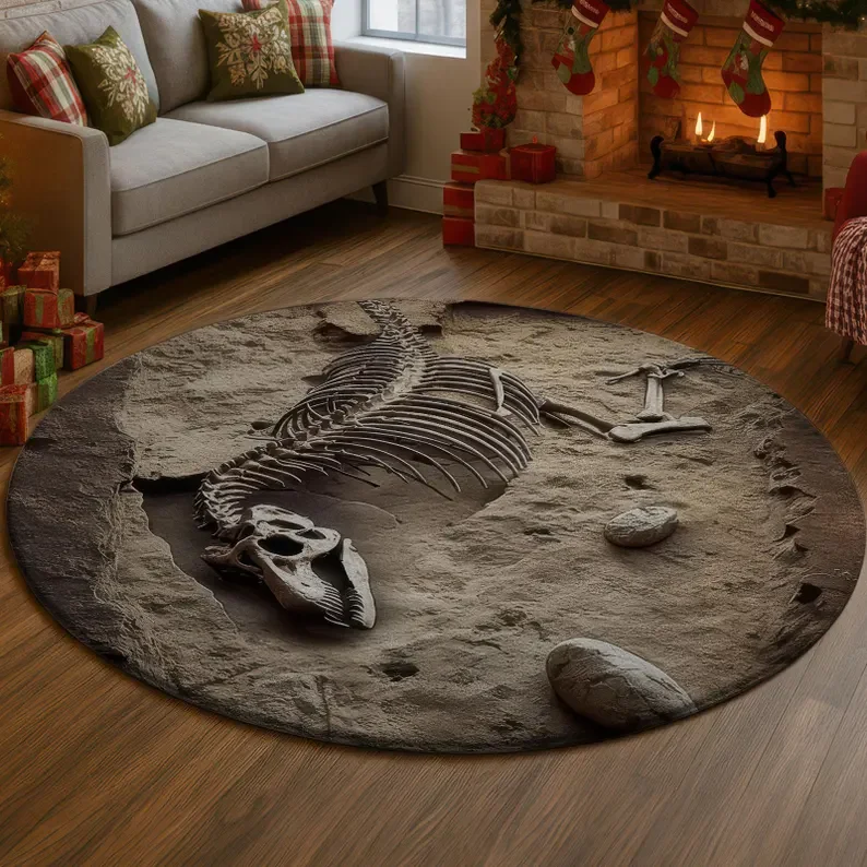 3D Dinosaur Fossil Skeleton Rug Paleontology Brown Stone Carpet Ancient Natural History Dig Decor Unique Jurassic Floor Mat