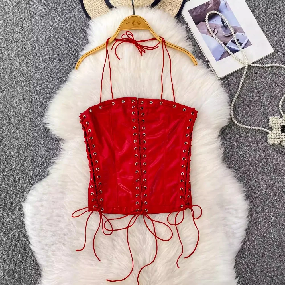 Canottiera da donna chic con scollo all'americana Draw String Slim Basic Sexy Fashion Canotte senza maniche Top corto estivo da donna