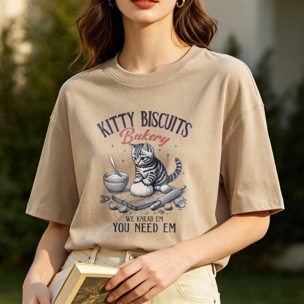 Funny Cat Bakery Shirt Fashion Kitten Kneading Dough Rolling Graphic T Shirts Kitty Lover Cotton Short-sleeve Tees Women's Shirt