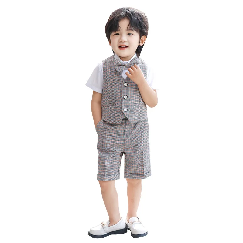 

Boys Summer Soft Vest Shirt Shorts Bowtie Photograph Suit Kids Wedding Dress Children Kindergarten Performance School Uniform