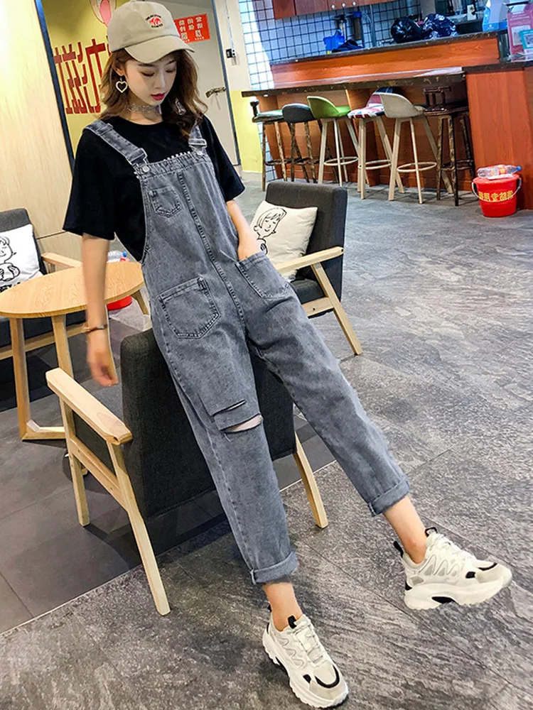 

Новинка 2025, женские джинсовые комбинезоны-шаровары, тонкие дырки, утягивающие летние хлопковые эластичные длинные брюки с высокой талией, модные