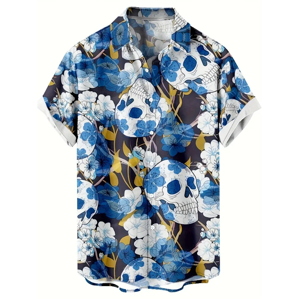 Vintage Blue Floral Skull Hawaiian Shirt Silky Soft Short Sleeve Eboy Egirl Seaside Holiday Photo Blouse
