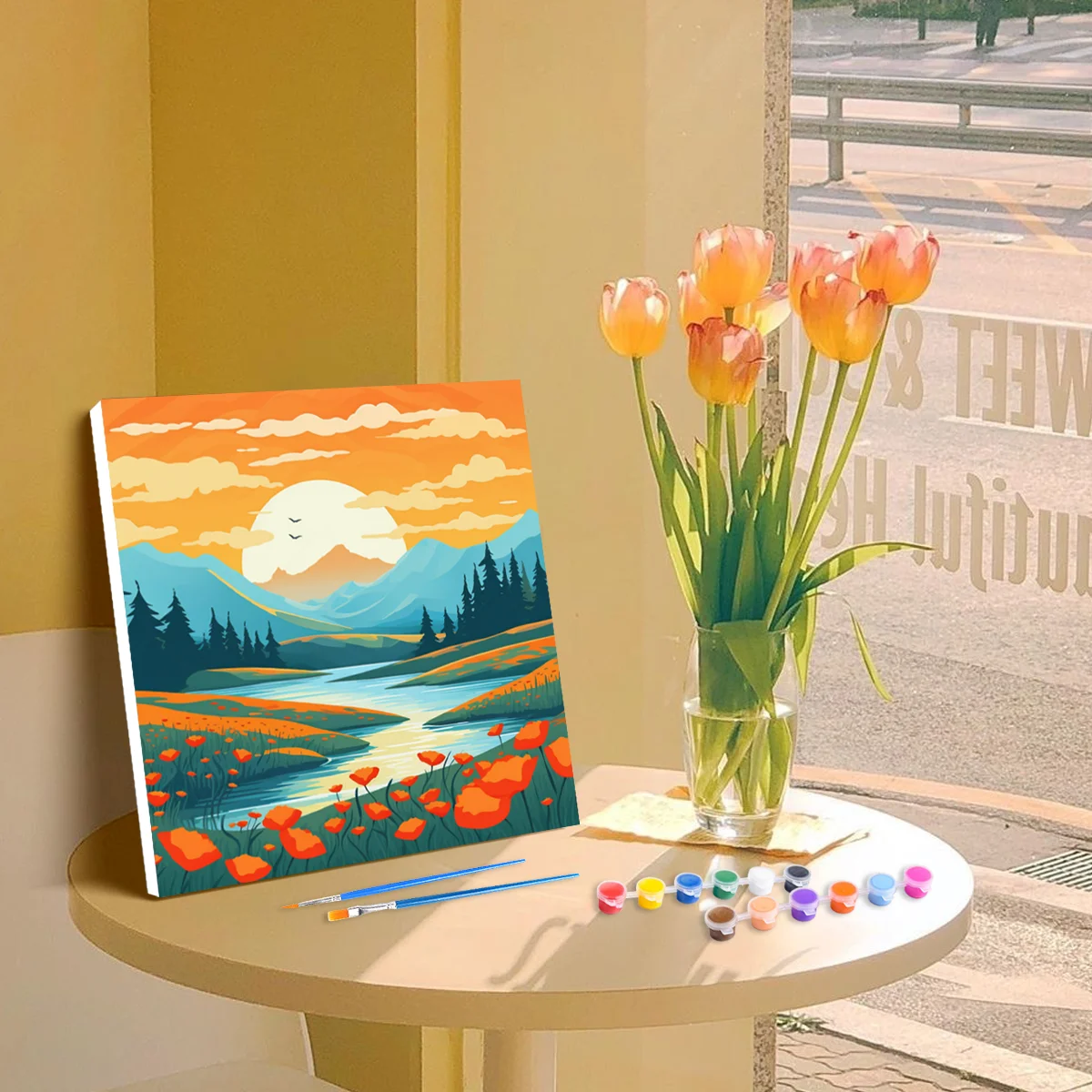 RUOPOTY Diy Paint By Numbers For Starter Kit Cartoon River Sunrise Acrylic Paint By Numbers For Diy Gift With Frame