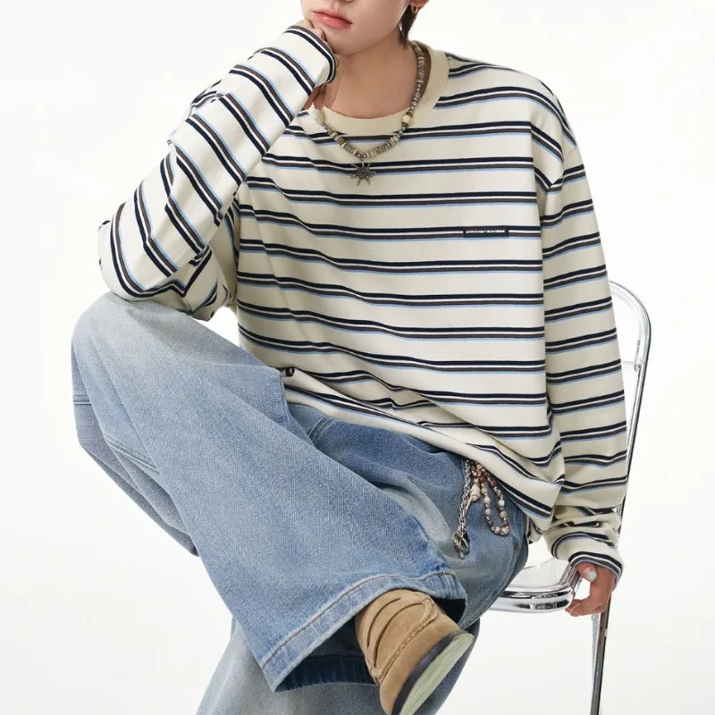 Classic Retro Contrasting Striped Long Sleeved T-shirt for Men Autumn Loose Versatile Casual Pullover Top Unisex College Style