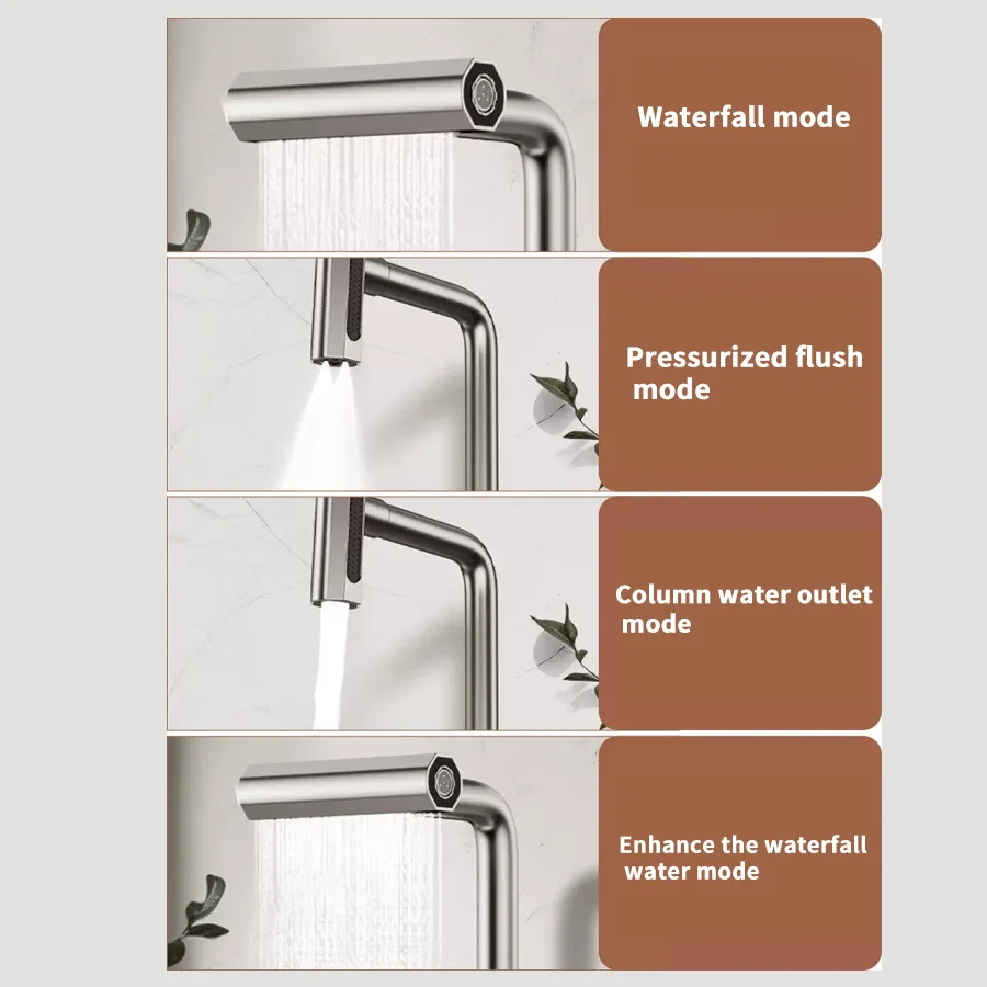 صنبور مطبخ ستانلس ستيل مع 4 أوضاع لتدفق المياه - 360 درجة °   صمام سيراميك دوار، لمسة نهائية مصقولة، تحكم في الماء الساخن والبارد f