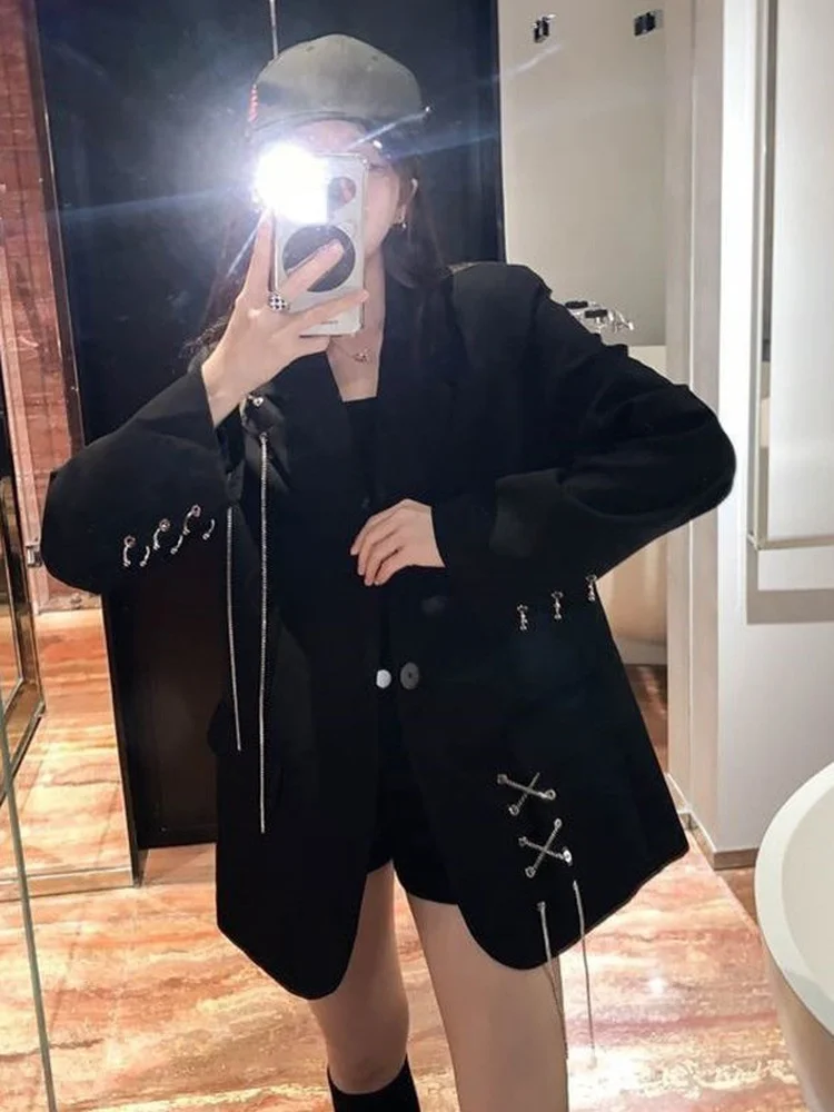 KOSAHIKI Harajuku Women Jackets Black Gothic Punk Hip Hop Solid Vintage Blazer Coats  Chic Chain Loose Jacket Streetwear