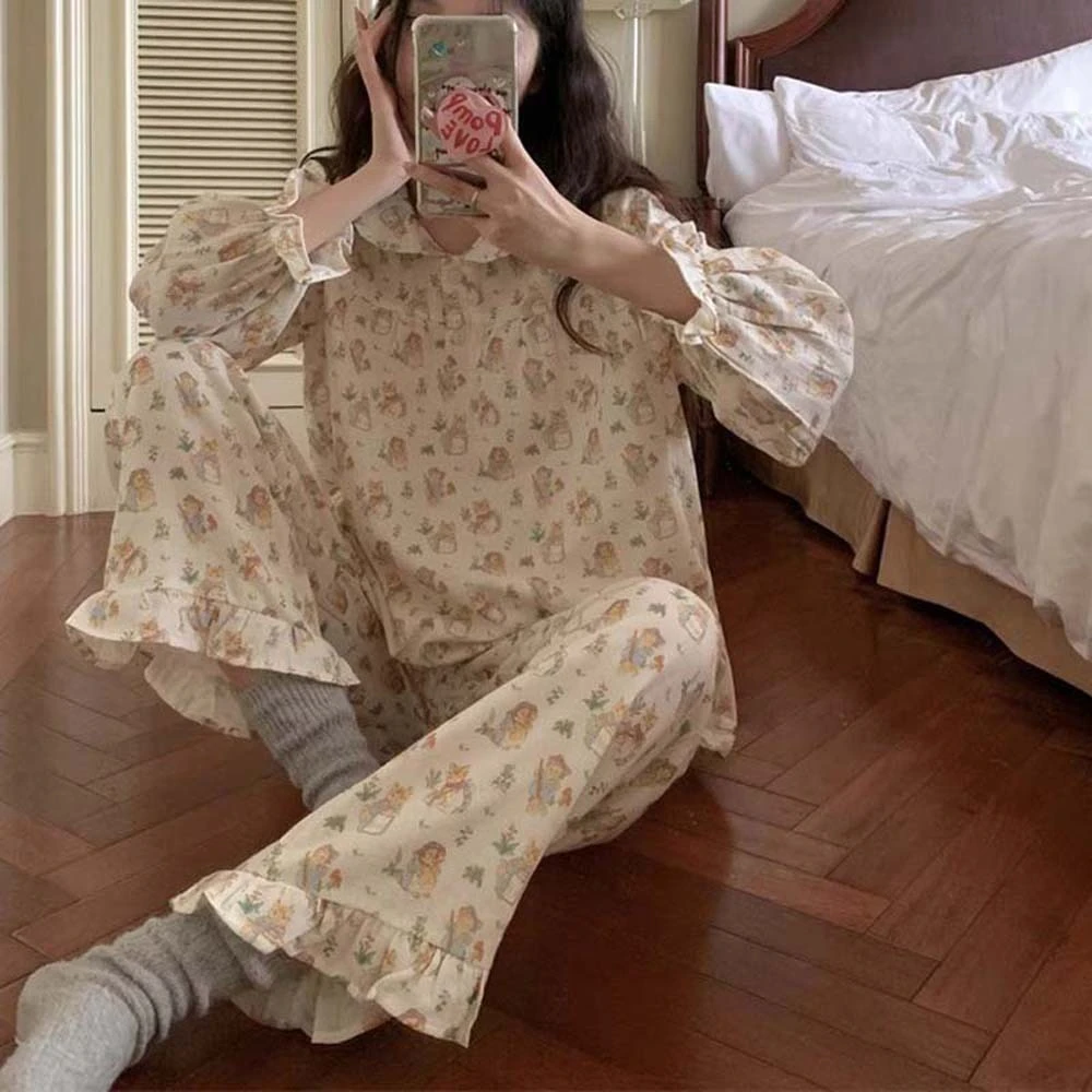 Cute Long Sleeves Women Bear Pajamas Trousers Cat Dog Bear Cartoon Printed Sleepwear Homewear Kawaii Cartoon Nightwear Set Daily