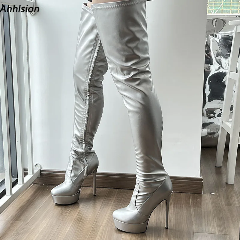 Ahhlsion New Fashion Women Spring Over Knee Boots Faux Leather Stiletto Heels Round Toe Silver Party Shoes Ladies US Size 5-20