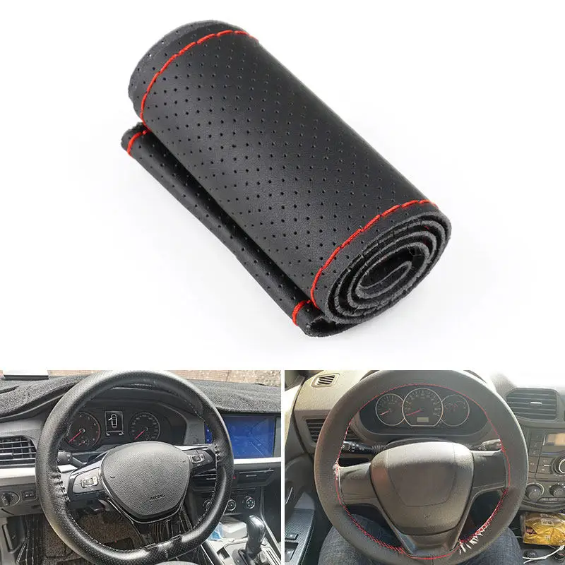 Braids on Steering Wheel with Needles & Threads Car Steering Wheel Cover Perforated Leather Diameter 38cm Auto Inner Accessories