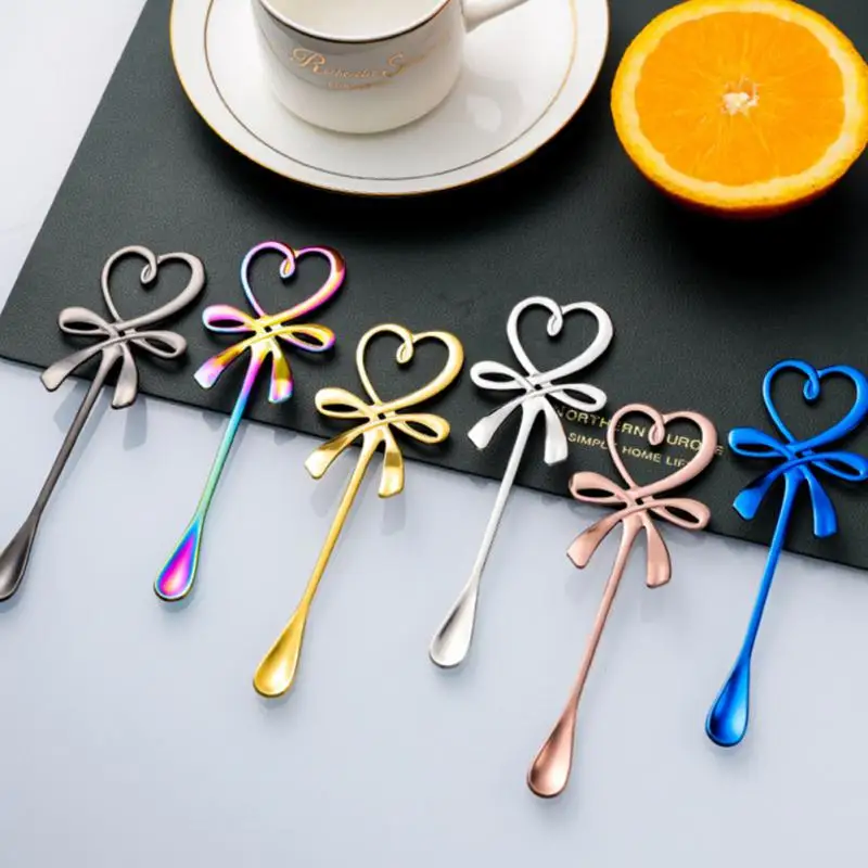 2PCS New 3D Bow Knot Heart Shaped Mini Coffee Spoon Tea Dessert Spoon Hanging Spoon Gold Silver Spoon Stainless Steel Flatware