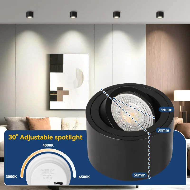 

Складной потолочный светильник для поверхностного монтажа 30 ° Цветной светодиодный прожектор с регулируемой яркостью, 7 Вт, потолочный светильник, вращающийся для гостиной, кухни, помещения