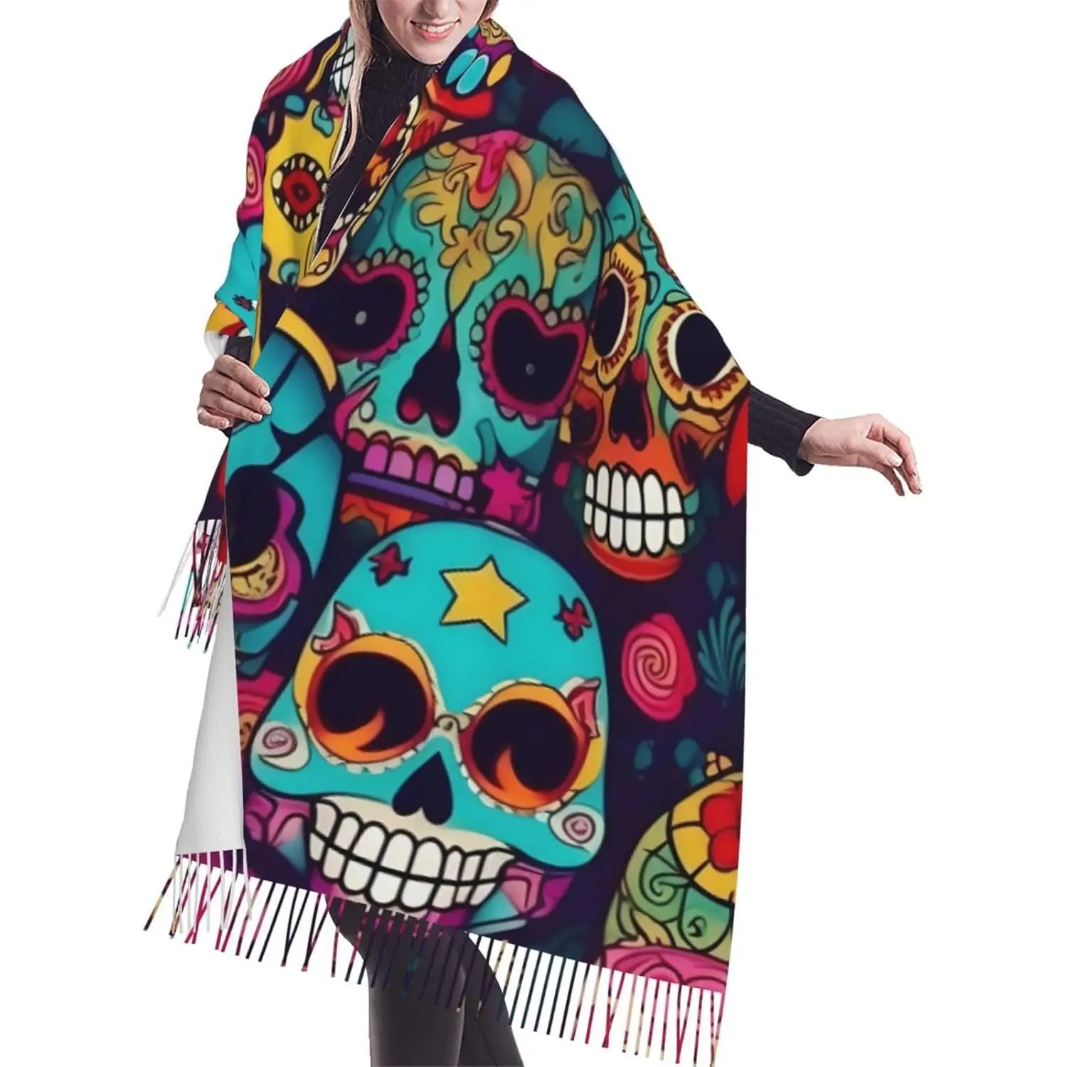 

Sugar Skulls Print Fringed Scarf Lightweight Women'S Fashion Scarf Soft Wrap Shawl Tassel Scarf Gift