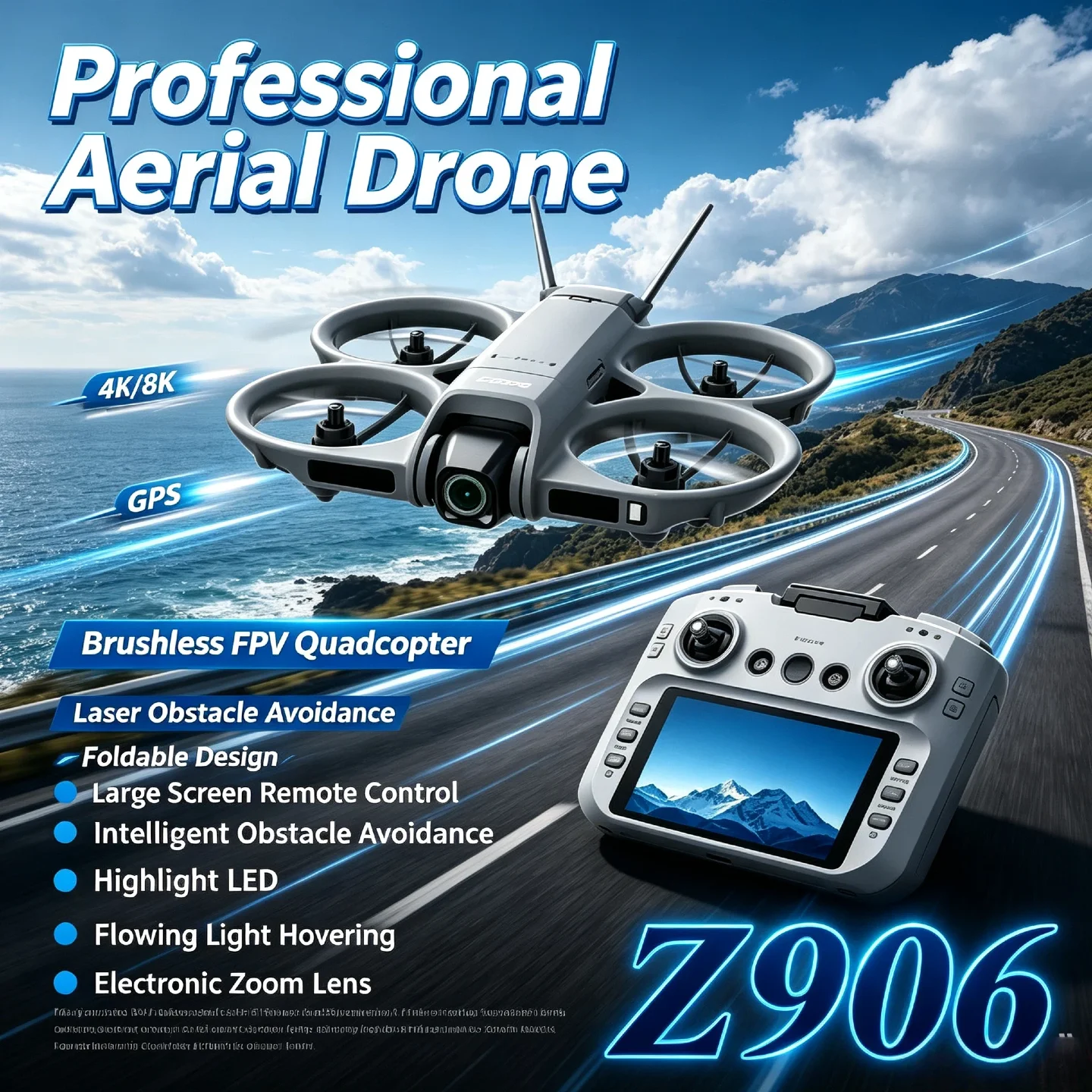 Z906 Brushless Professional GPS Drone 4K/8K HD Camera – FPV Foldable Quadcopter with Laser Obstacle Avoidance for Aerial