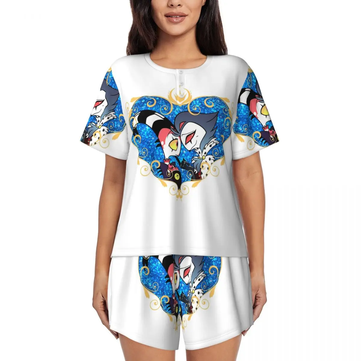 

Helluva Boss Stolas And Blitzo Heart Frame Round Neck Short Sleeves Nightdress for Sleeping Women Loose Pajama Set Short Pants