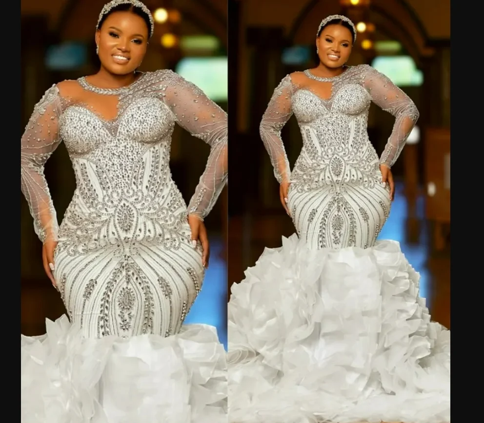 Customized Sheer Neck See  Sparkly Beads Rhinestones Wedding Dress Robe De Mariée Long  Sleeves Cascading Ruffles  Bridal Gown