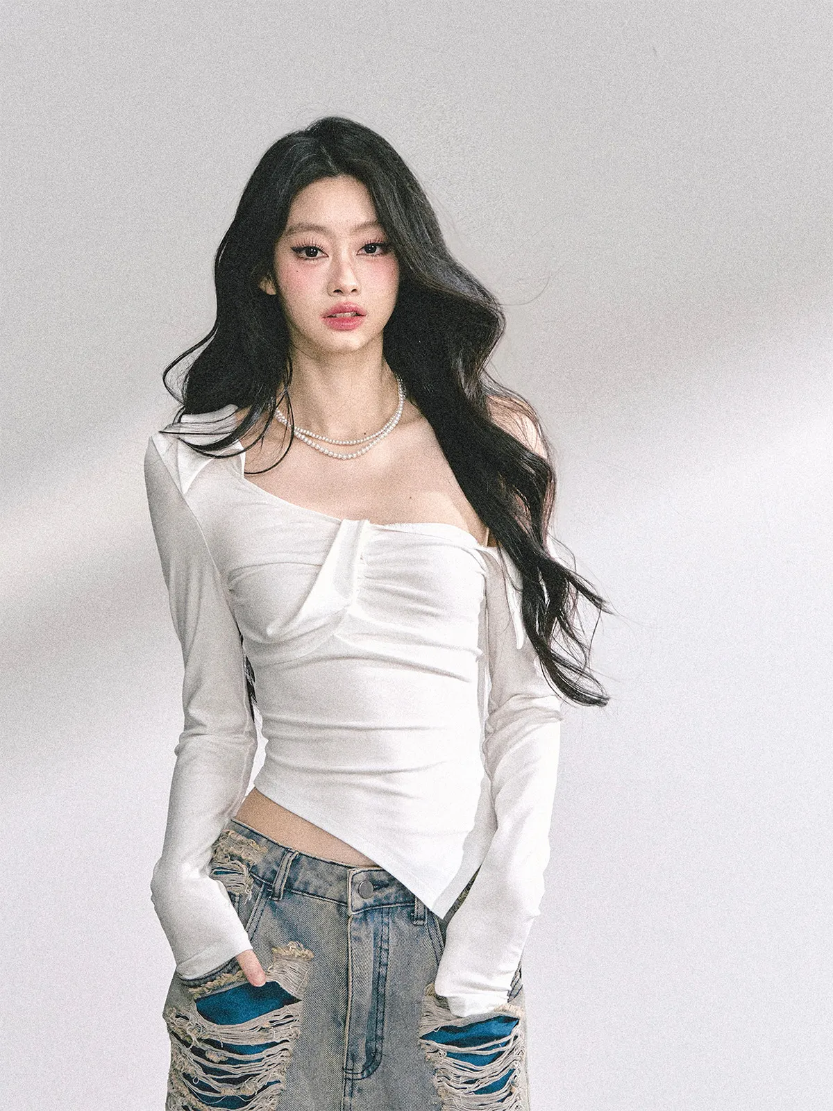 AOMALM Spicy Girl Shoulder Bared Long Sleeve T Shirt Women Short Style Grey Top Irregular Hem Commute Style Slim Fit Ladies F...