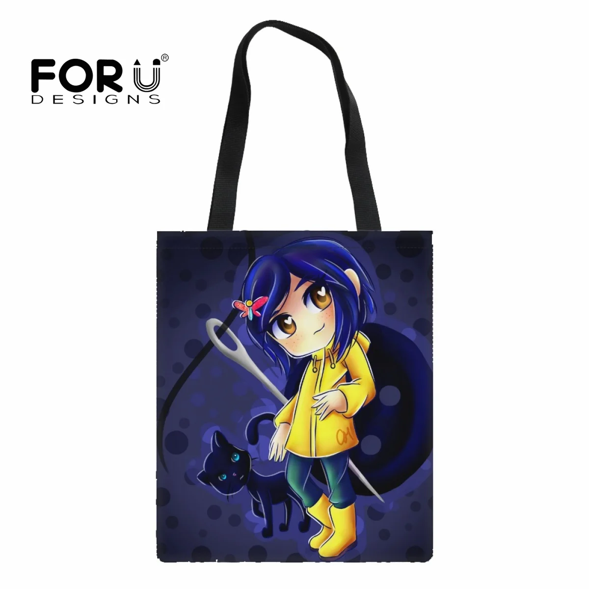 

FORUDESIGNS Coraline Fluffy Print Shopping Bag Folding Pouch Totes Sturdy Lightweight Eco Friendly Vegetavle Storage Bag