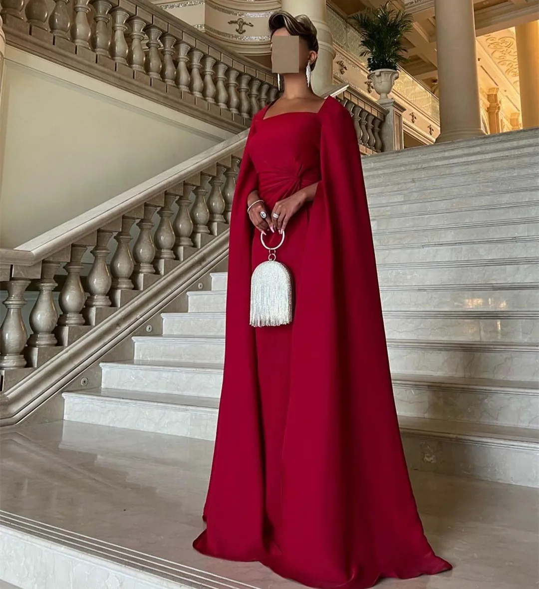 Vintage Long Dark Red Crepe Evening Dresses With Cape Sheath Square Collar Pleated Dubai Floor Length Prom Dresses for Women