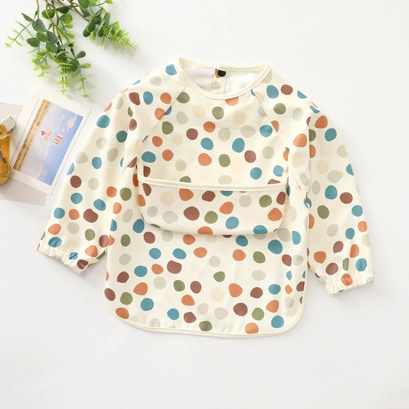 New Children Feeding Aprons Long Sleeve Baby Bib With Pocket Full Cover Kid Gown With Bag Waterproof Long-Sleeve Smock