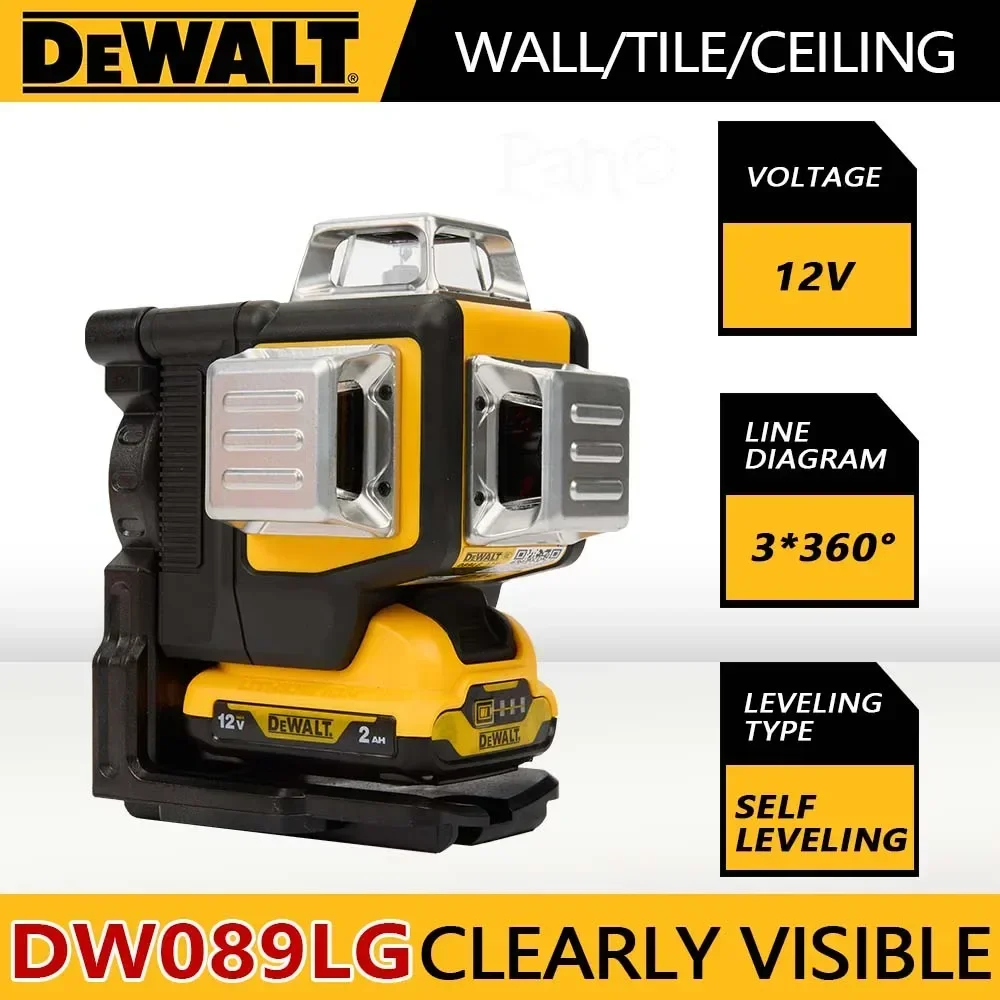 ديوالت DW089LG 3 جوانب * 360 درجة خطوط عمودية مستوى الليزر متر في الهواء الطلق 12 فولت بطارية ليثيوم مستوى الضوء الأخضر الأفقي