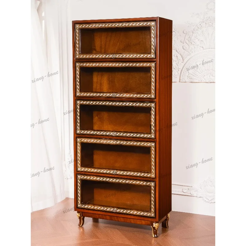 Factory direct French Retro Solid Wood Carved Bookcase Peacock Pattern Display Cabinet Storage Cabinet Living Room Study