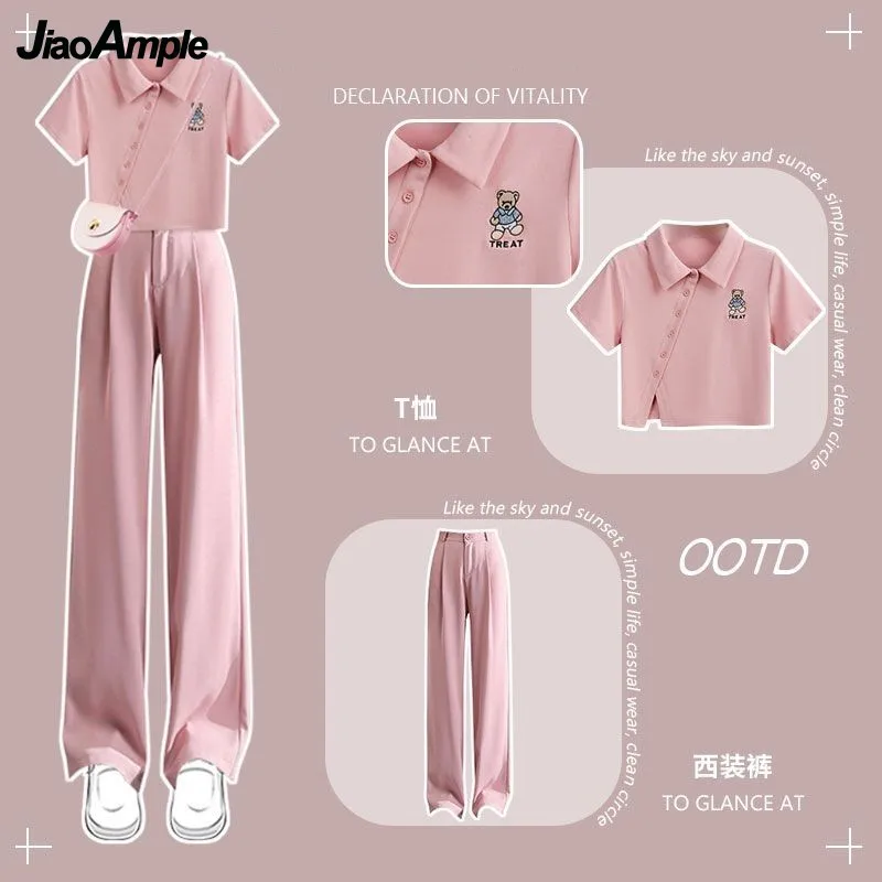 2024 Summer New in Matching Set Women\'s Cute Short Sleeve T-shirt Casual Suit Pants Two Piece Korean Elegant Tracksuit Suits