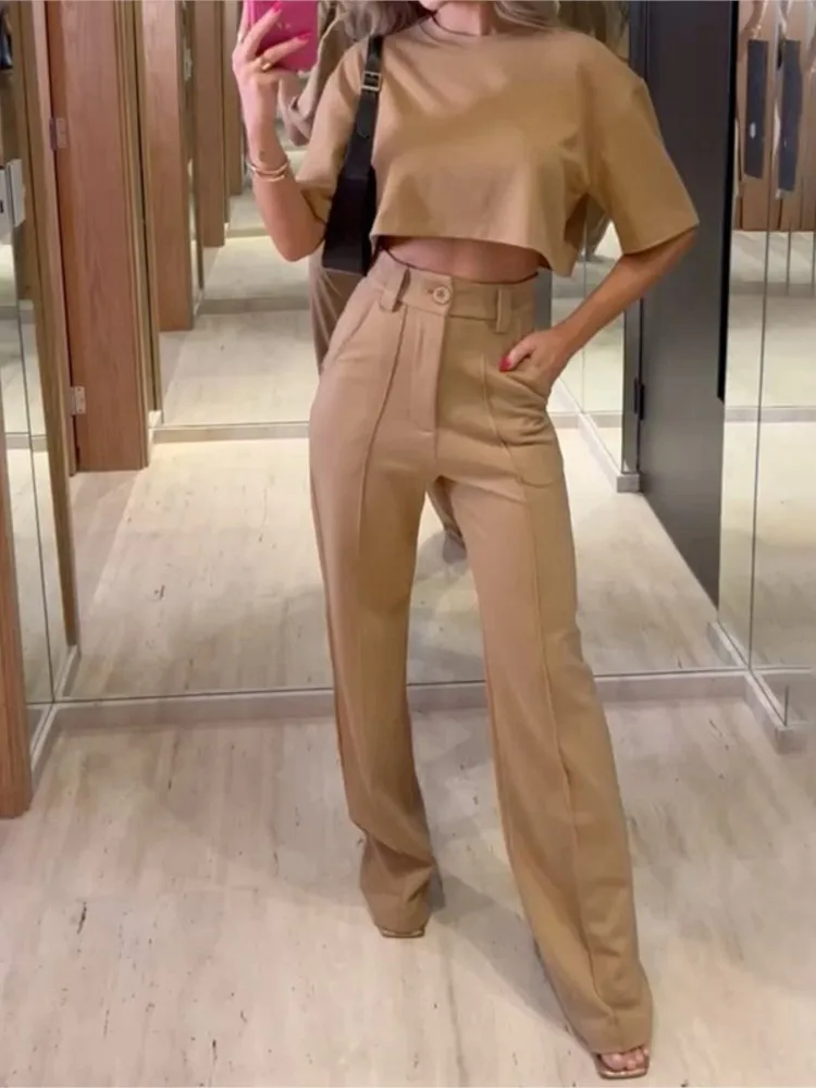 ชุดแฟชั่นผู้หญิง เสื้อครึ่งแขน คอทรงโอ แขนสั้น ท็อปส์สั้น+กางเกงขายาวเอวสูง ชุดเซ็ต 2 ชิ้น ชุดทำงานผู้หญิง สไตล์ใหม่