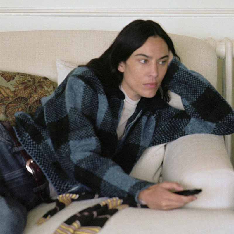 

Сине-зеленое контрастное клетчатое лоскутное пальто, осенняя мода, универсальный свитер на молнии с лацканами, женская новинка 2025 года, свободная вязаная куртка