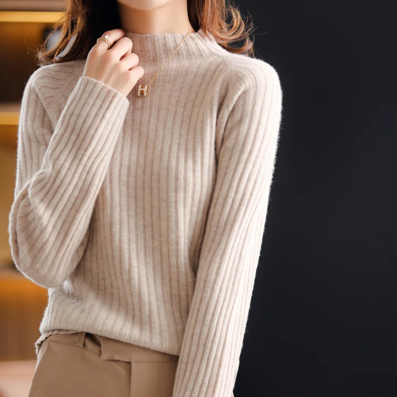 autumn 21 and winter new cashmere women thickened half turtleneck strip pullover 100 pure wool knit bottom sweater