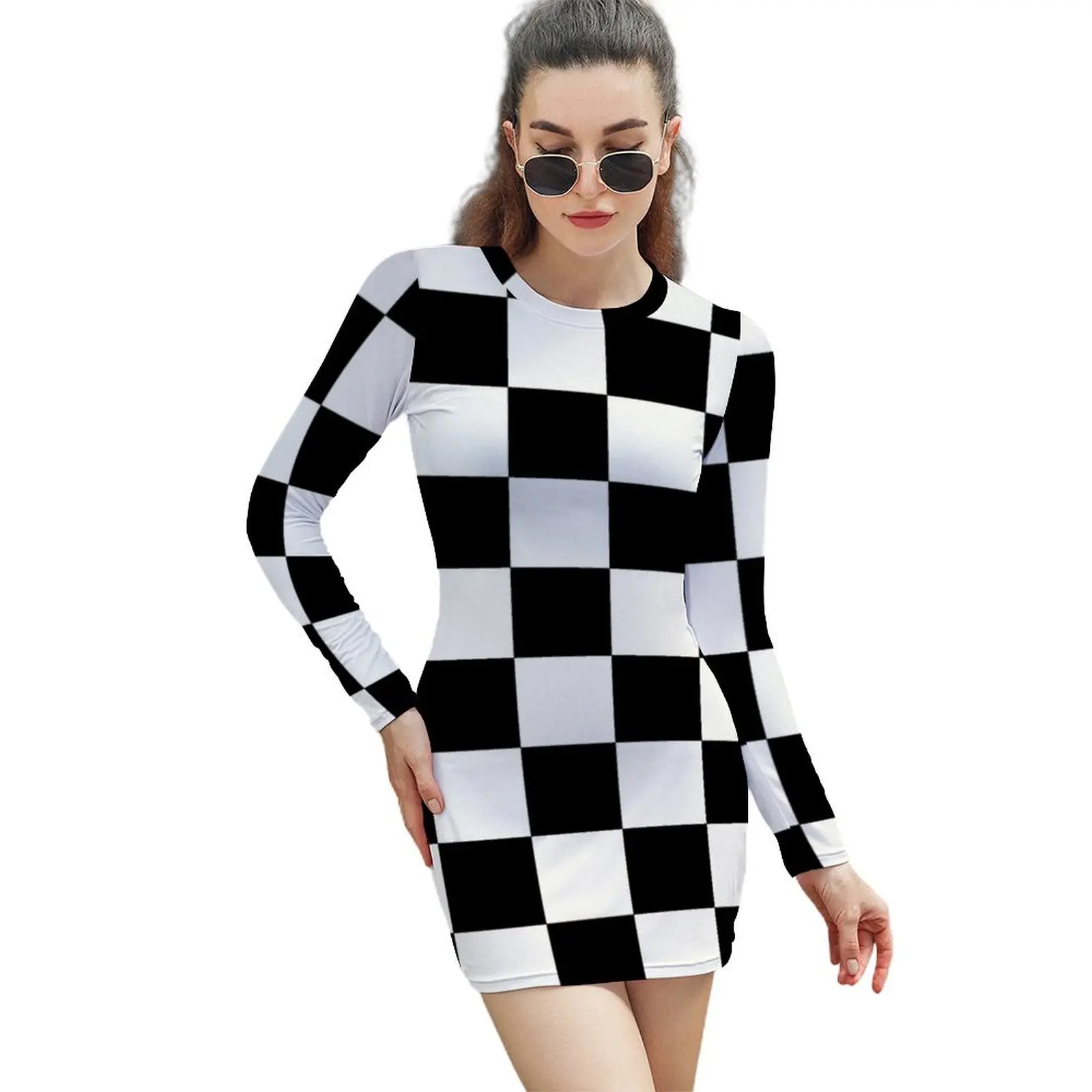 

Black and White Checkerboard Long-Sleeved Sheath Dress birthday dress for women luxury 2024 dresses for prom dress