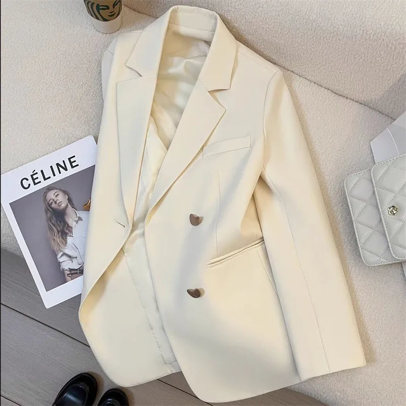 

Women Blazer Long Sleeve Beige Satin Lining Blazers Notched Lapel Solid Color Black Suit Jacket Double Breasted Metal Button