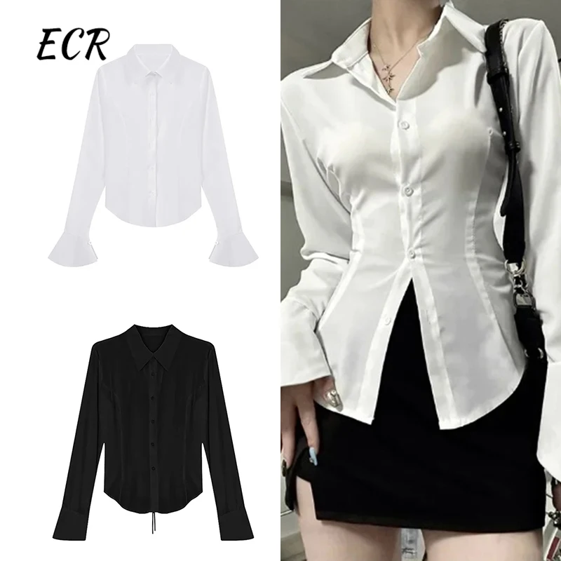 

ECR Solid Slimming Casual Blouse For Women Lapel Flare Sleeve Spliced Single Breasted Tunic Minimalist Shirt Female Fashion New