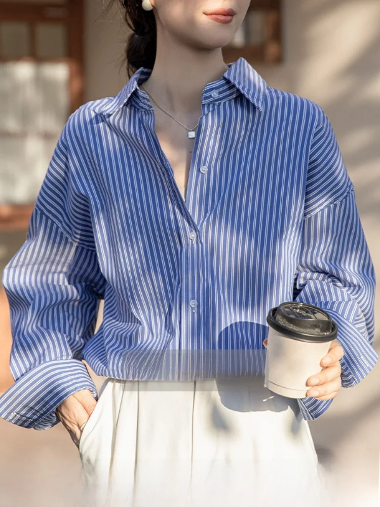 

Женская длиннорукавная полосатая рубашка в стиле ретро, класса люкс, для повседневной носки, корейская версия, прямого кроя, из комбинированной ткани