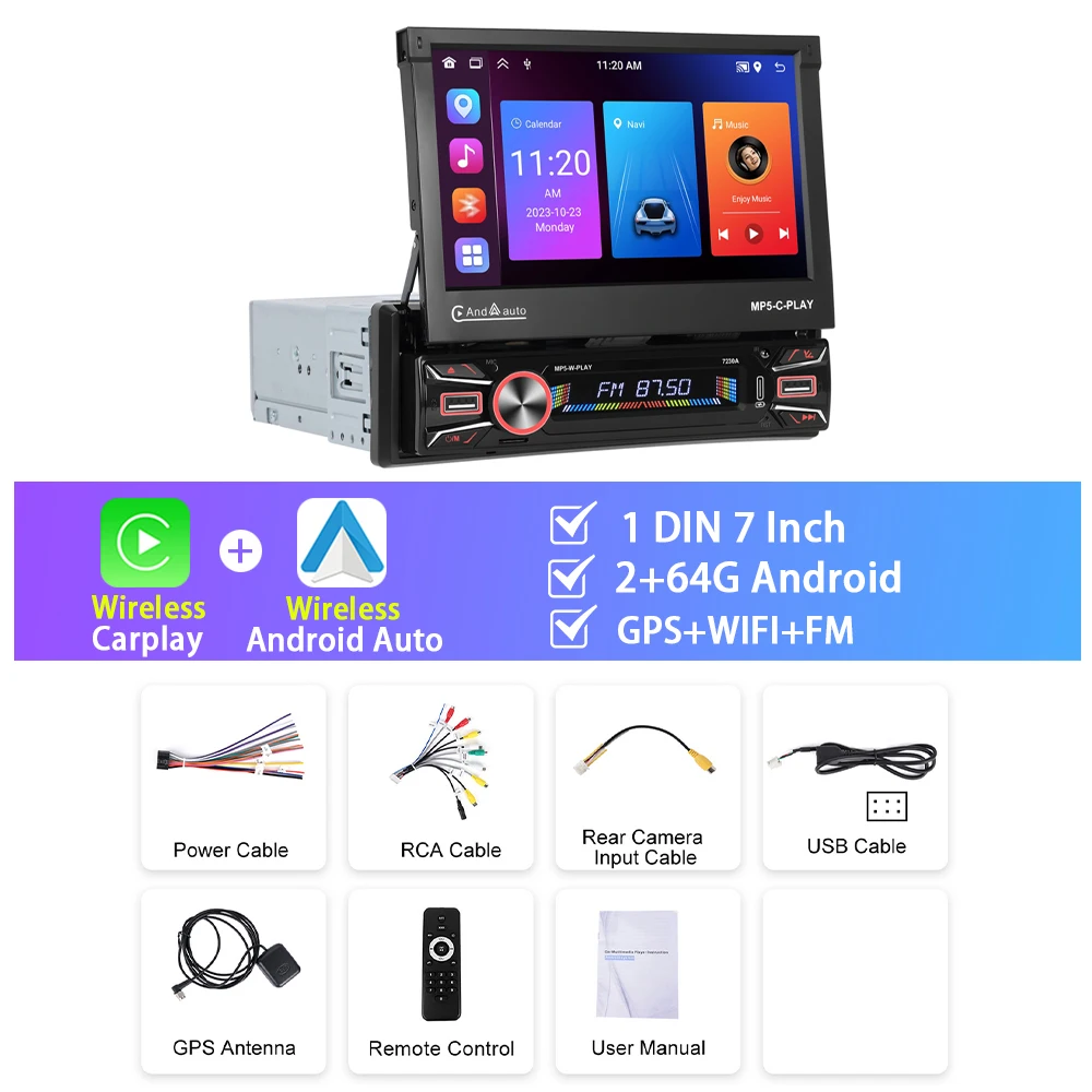 Podofo 7 ''Capacitieve Handleiding Opvouwbare Touchscreen 2 + 64G Multimedia Speler Carplay Android Auto Wifi Gps Fm Android Autoradio