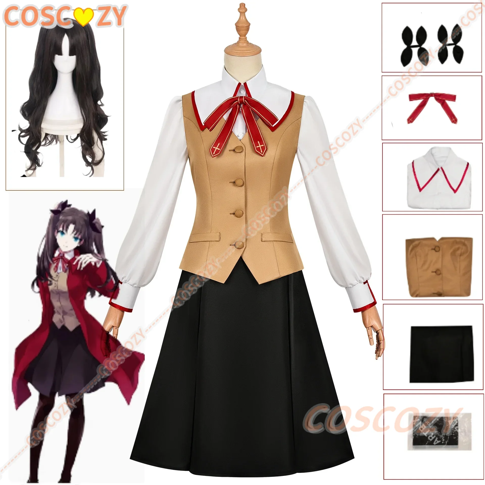 Anime Fate Stay Night Tohsaka Rin School Uniform Wig Cosplay Costumes Girl Red Coat Jk Dress Women Halloween Role Play Costumes