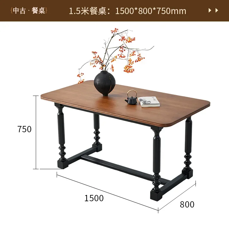 AAMedieval French All-solid Wood Dining Table And Chair Combination Small Apartment Household Dining Table Rectangular Retro Log