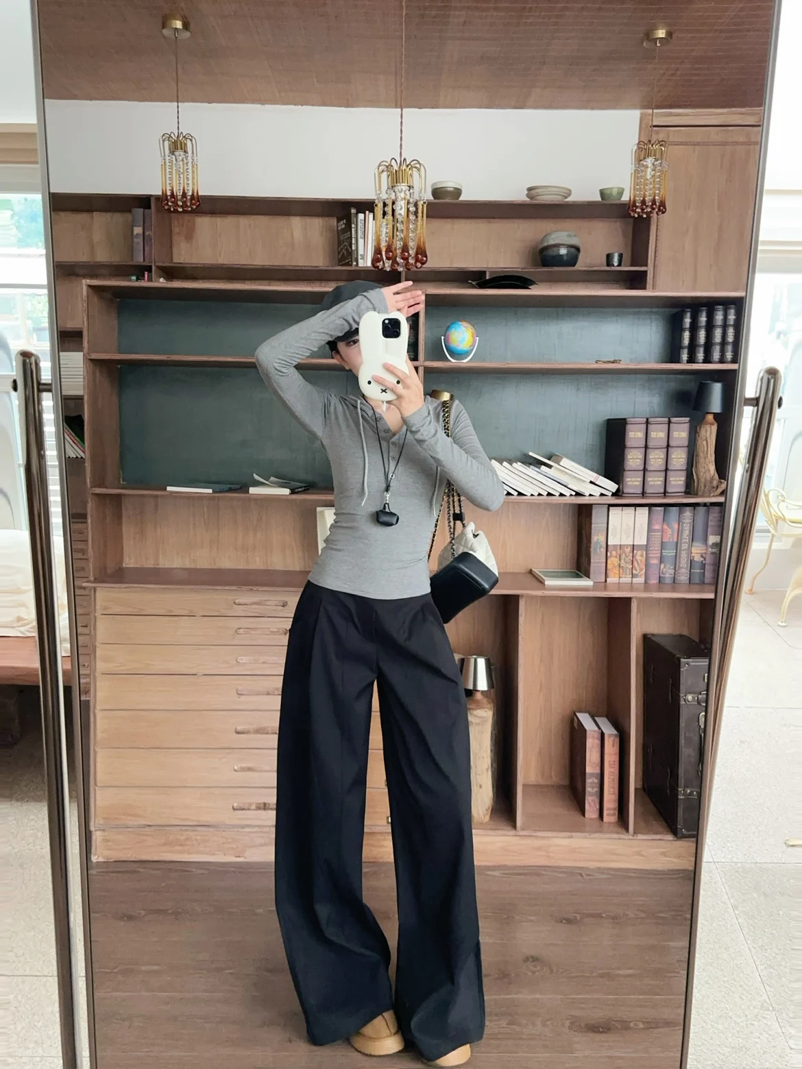 

Beloved Golden Girl ey Korean Sle Versatile Slim Fit Long Sve Base irt Top Straight Wide Long Leg Pants Set