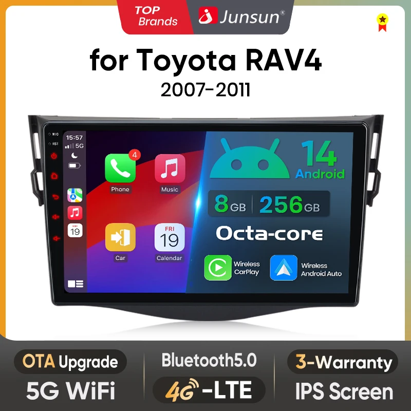 Junsun AI Wireless CarPlay per Apple Android14 Auto Car Radio per Toyota Rav4 2007 2008 2009 2010 2011 Multimedia Navi Stereo