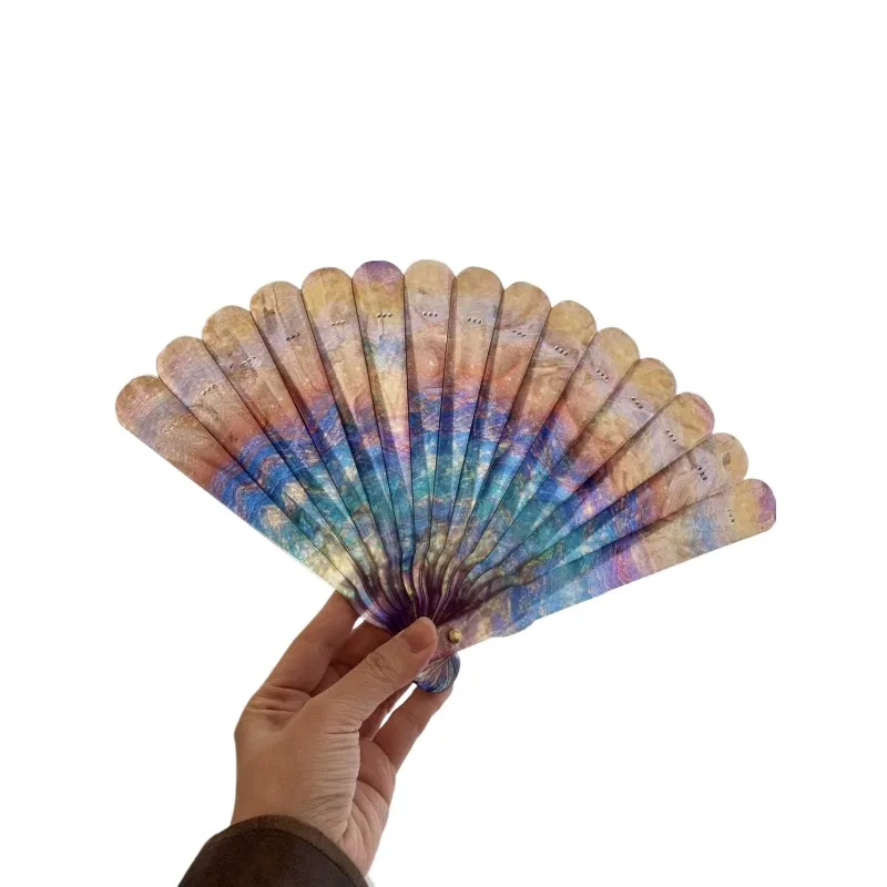 For Vintage Handmade Resin Inlay Shell Fan Hanfu Photography Prop Mother-of-Pearl Folding Fan