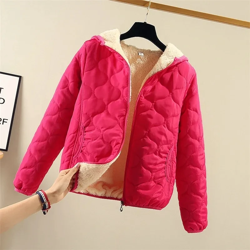 

2023 New Autumn Winter Jacket Women Fleece Short Cotton Padded Jacket Coat Thicke Hooded Parka Lamb Wool Outerwear Female