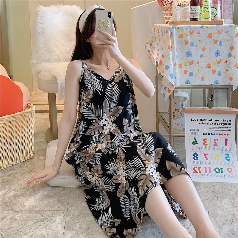 Summer Loose Thin Cotton Night Dress Women Print Cartoon  Sleepwear Lingerie Cute Nightdress Strap Thin Home Wear Clothes