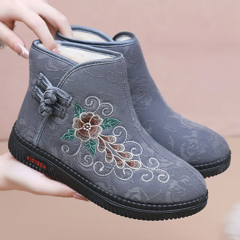 

Women Artificial Plush Shoes Warm Snow Boots Cotton Shoes Thickened Embroider Autumn Winter Spring Booties Comfy Ankle Boots