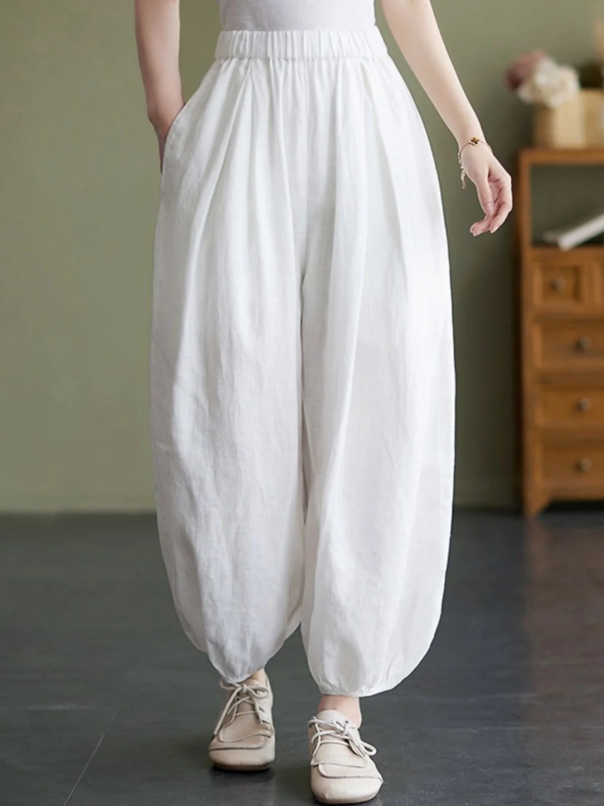 일본식 코튼 린넨 랜턴 바지 여성 솔리드 컬러 루즈 캐주얼 바지 하이 웨이스트 9 포인트 린넨 하렘 바지